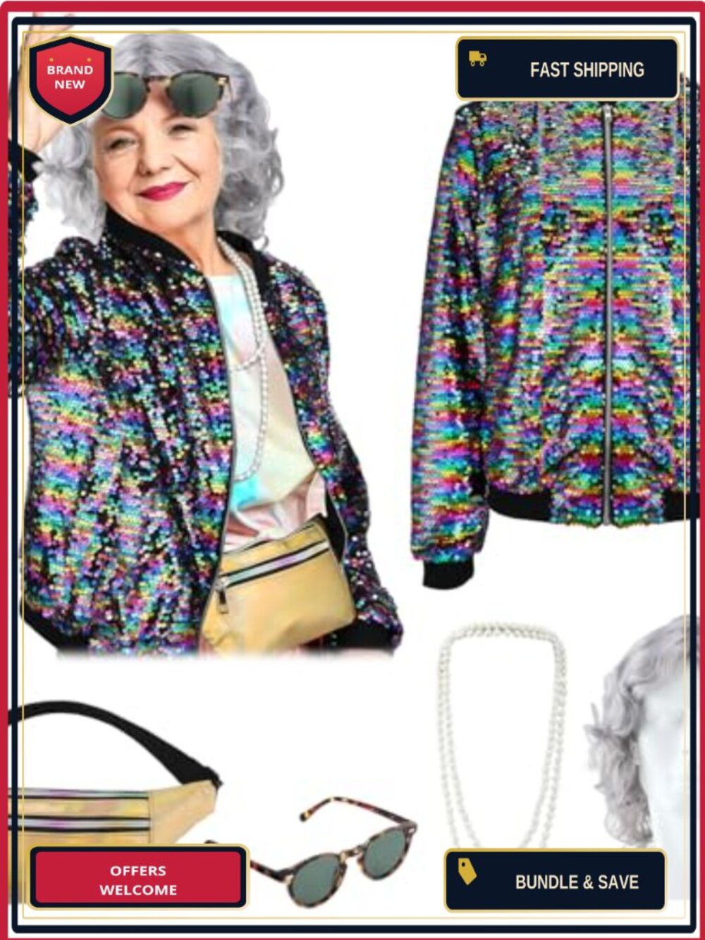 5 Pack Old Lady Wig Granny Glasses Sequin Jacket Laser Bag Pearl Necklace
